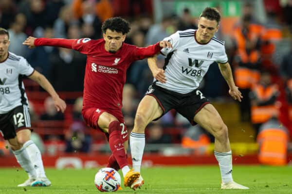 Liverpool, England - Wednesday May 3, 2023: Liverpool's Luis Diaz (L) is challenged by Fulham's João Palhinha during the FA Premier League match between Liverpool FC and Fulham FC at Anfield. (Photo by David Rawcliffe/ propaganda)