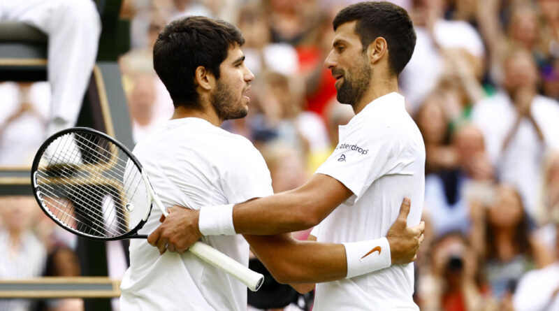 Carlos Alcaraz and Novak Djokovic during the match.